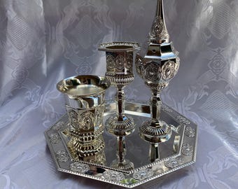 vintage 4 pezzi Havdallah Set vassoio piatto d'argento regalo Shabbat Judaica Havdalah