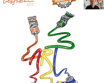 May include: A colorful illustration of the word "ART" formed by squeezed out paint tubes. The tubes are red, orange, yellow, green, and blue. The word "ART" is in a stylized font.