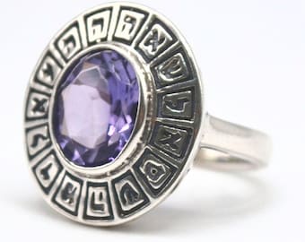 Sterling Silver Kabbalah Ring: Amethyst Stone, Hebrew Letter Inlay