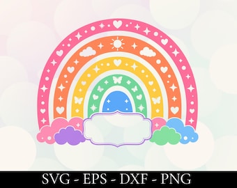 May include: A colorful rainbow design with hearts, stars, clouds, and butterflies. The rainbow has a blank label in the center and is surrounded by clouds. The image includes the text "SVG - EPS - DXF - PNG".