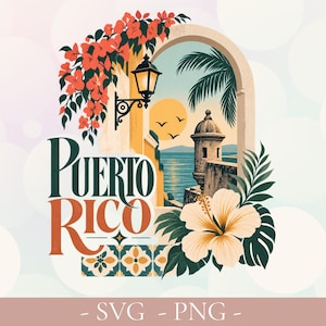 May include: A graphic illustration featuring the text Puerto Rico in dark green and orange lettering. The design includes a stone archway, a black lantern, red bougainvillea, a yellow sun, palm trees, a stone watchtower, and a hibiscus flower.