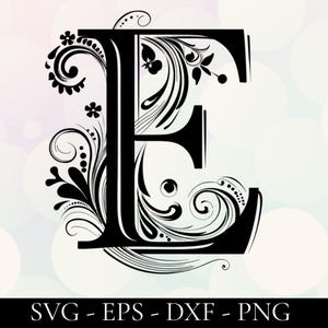 Monograma E SVG - Letra inicial E con fuente floral, imágenes prediseñadas de alfabeto decorativo, diseño de calcomanía PNG de monograma floral