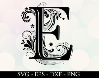 Initiële SVG - Letter E SVG | Bloemen monogram Svg | Bruiloft monogram Svg | Alfabet Svg | Decoratieve sticker met lettertype | Monogram dxf-eps