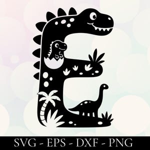 Könnte beinhalten: Schwarz-weißes Design zum Thema Dinosaurier mit dem Buchstaben "E". Der Buchstabe ist wie ein Dinosaurier geformt, mit einem Baby-Dinosaurier, der aus einem Ei schlüpft, einer Palme und einem kleinen Dinosaurier. Das Bild enthält den Text "SVG - EPS - DXF - PNG".