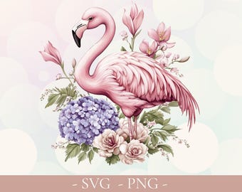 Summer Flamingo SVG PNG, Watercolor Floral Flamingo Cut File, Pink Botanical Bird Roses Cricut Silhouette Instant Download