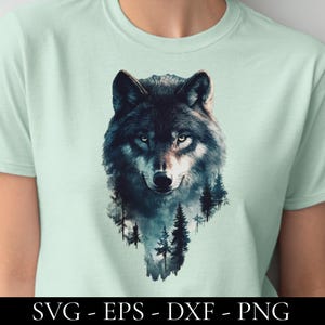 May include: A light green t-shirt featuring a detailed illustration of a wolf's head. The wolf is depicted in shades of gray and black, with a forest scene incorporated into the design. The bottom of the shirt displays the text "SVG - EPS - DXF - PNG".