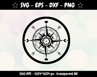Art mural boussole SVG : conception pour Cricut, usage commercial, coeurs