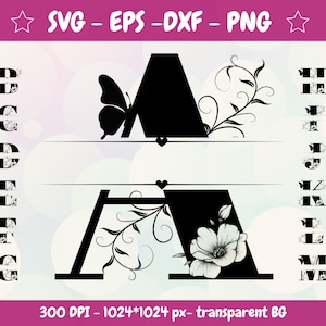 Floral Split Letter SVG: A-Z Monogram, Cricut & Silhouette Cut File