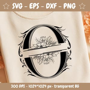 May include: A black and white floral monogram letter "O" design. The letter is inside an oval frame with decorative flourishes. The image includes the text "SVG - EPS - DXF - PNG" and "300 DPI - 1024*1024 px- transparent BG".