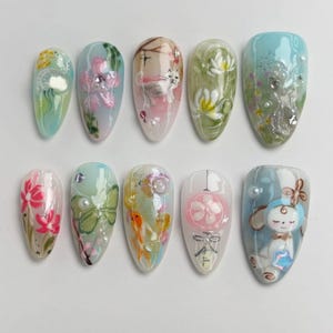 Whimsical Garden Press On Nails, Handmade Fantasy Nail Art, 3D Bunny Butterfly Nails, Flower & Nature Theme Nail Art, Cute Spring Fake Nails