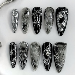 Handmade Gothic Metallic Press On Nails | Black & Silver Cosmic Star Art With Chains, 3D Chrome Liquid Metal Abstract Smoke |Futuristic Nail