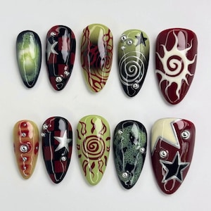 Handmade Punk Rock Press On Nails | Red Flame, Star & Spiral Nail Art | Luxury Almond Nails | Bold Grunge Alternative Nail Design