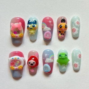 Handmade Kawaii Rainbow Press On Nails | 3D Frog, Strawberry, Clouds & Cute Character Charms | Pastel Cartoon Nails For Playful Vibe