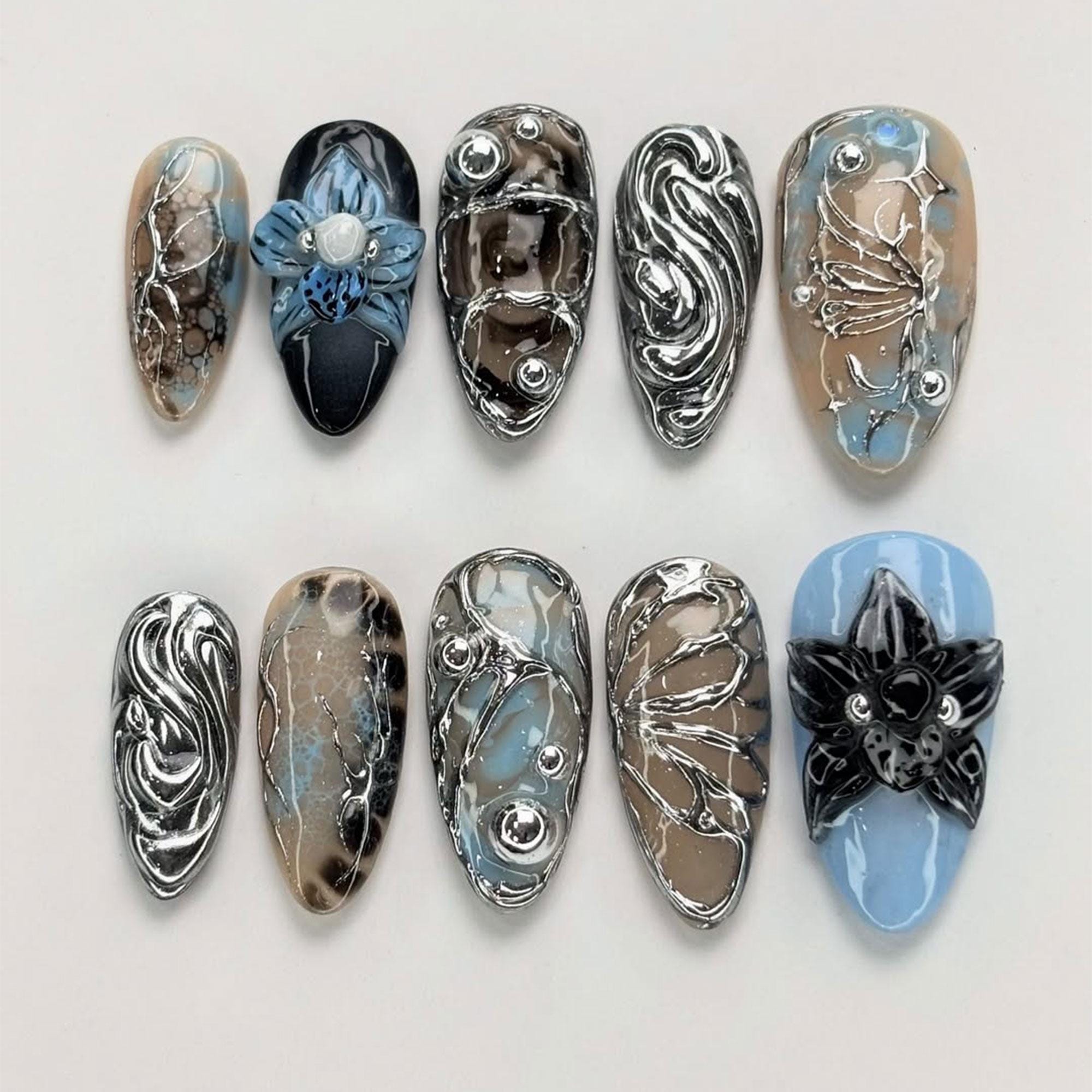 Abstract 3D Nails with Stone Accents