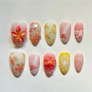 Handmade Summer Blossom Press On Nails | 3D Lily, Roses, Lemon Slice & Pink Lace Art | Almond Nails For Fresh Romantic Vibe