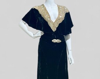 1930s vintage silk velvet gown, heavy beaded deep plunge evening dress