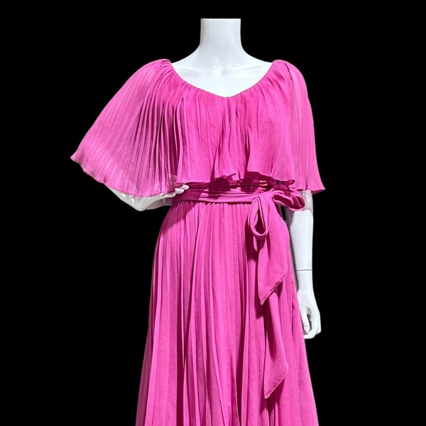 1960s vintage MISS ELLIETTE Hot Pink pleated cocktail dress, ruffled collar party dress