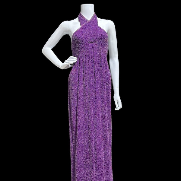 1980s vintage evening dress, JEET Purple Silk Beaded Sheath gown, Halter slip dress