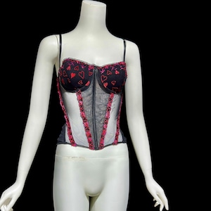 Vintage 1990s lace mesh corset, JACALYN BENNETT FREDERICK&#39;S of Hollywood, Black lace Red hearts mesh bustier Tank Top, Hook back size large