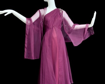 vintage evening dress gown, ROSE TAFT merlot poly chiffon gown, one shoulder rhinestones
