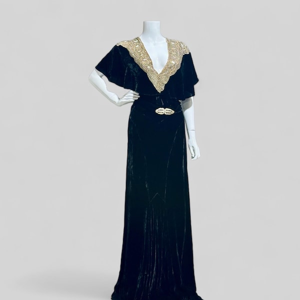 1930s vintage silk velvet gown, heavy beaded deep plunge evening dress