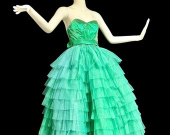 NADINE FORMALS 1980s prom dress, vintage 80s does 50s evening ball gown, tiered cupcake mermaid dress