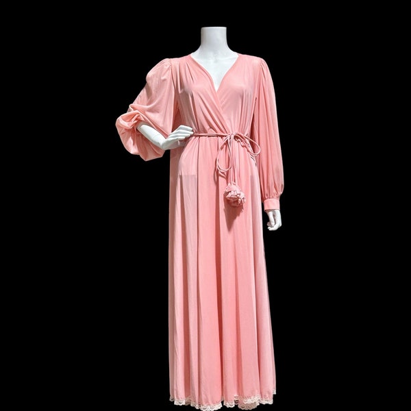 Vintage dressing gown, LUCIE ANN CLAIRE Sandra 1960s  pink hostess dress robe, grecian goddess house dress, full length waterfall