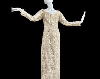 vintage evening gown, HELEN MORLEY beige open work lace sheath formal dress