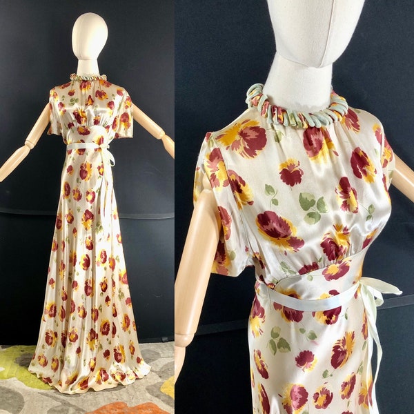 1940s floral sheath dress / vintage evening gown with bias cut and open back / pansy flowers / 34 bust small