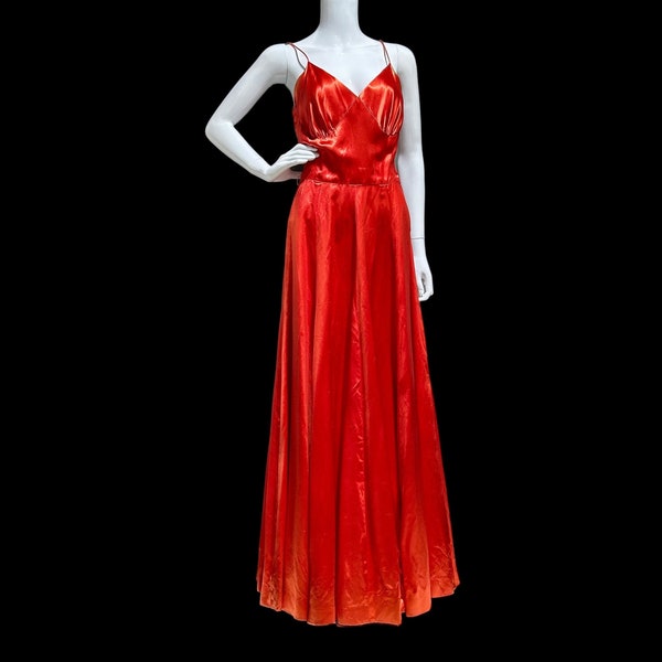 vintage 1940s evening dress, YOUNG AMERICAN DEB Deep Coral Shiny Liquid Satin Prom Slip Dress Ball Gown