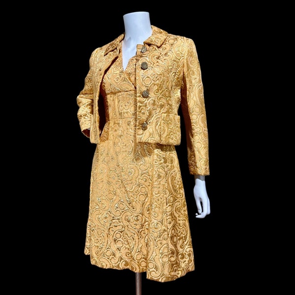 Vintage MOD dress jacket set, MALCOLM STARR 1960s Apricot shiny gold brocade cocktail evening party suit ensemble