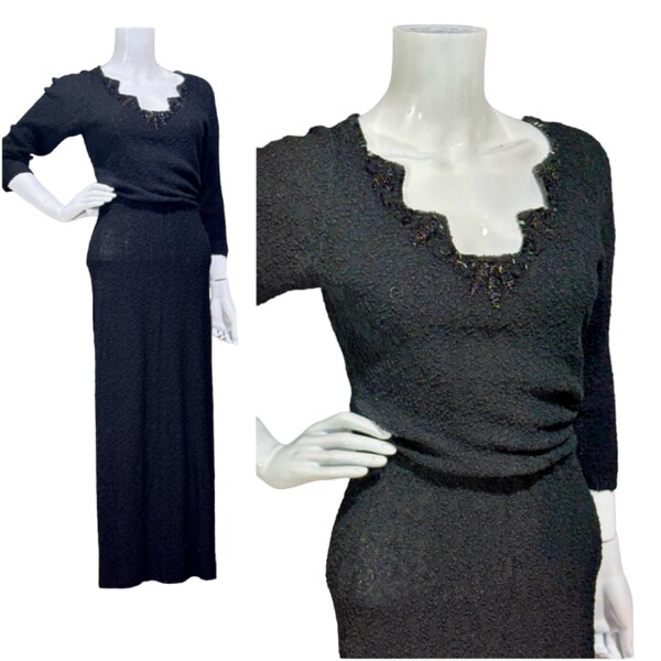 vintage 1950s Knit Dress, NUB-ILITY Barbara Carol Hand Loomed Wool knit wiggle cocktail party dress, bodycon bombshell midi dress, STRETCHY