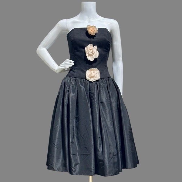 vintage cocktail prom dress, 1960s black linen and taffeta strapless evening dress