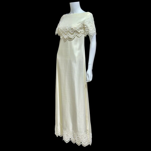 vintage wedding dress, MILGRIM White Plains white raw silk column bridal gown, empire waist wide neck with lace appliques