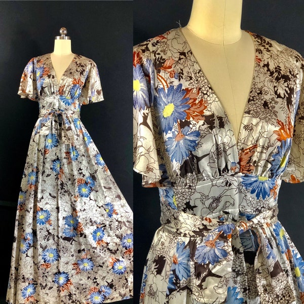 vintage 1970s dress / Hippie Boho Maxi dress / Silver and Blue floral / 34 bust small / festival peasant dress with flutter sleeves