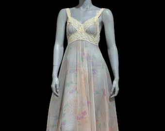 vintage nightgown slip dress, MISS ELAINE sheer floral nylon chiffon and lace goddess gown, stretchy, small