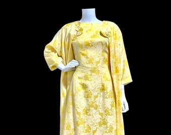 Vintage cocktail dress and coat set, SUE GAIL 1960s 2pc Yellow White Silk Damask Dress and Coat Ensemble, evening suit