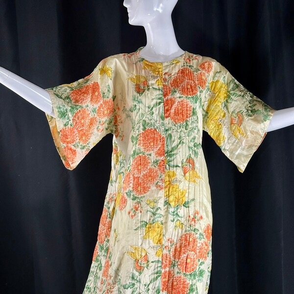 Vintage caftan hostess dress, THE ROBERIE Light Airy Embossed Flower and Butterflies zip Front House Dress, Orange and yellow