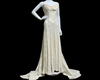 vintage 1940s wedding dress, white lace sheath full length slip gown with small train