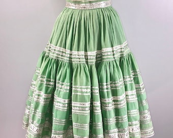 40s Vintage 1940s Full Circle Skirt Mint Green Tiered Silver Metallic 27 Waist