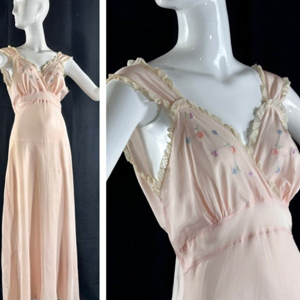 vintage 1940s Nightgown slip dress, EASTERN ISLES pink silky bias cut embroidered slip dress, Bur-Mill rayon sleep dress with flowers.