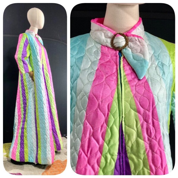 vintage 1960s robe housecoat / FIFTH AVENUE ROBES neon stripe trapeze dressing gown long robe / quilted zip front lounging robe / small