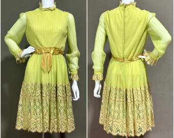 SALE - vintage mod party dress, MISS ELLIETTE 1960s pleated chiffon Pistachio Spring green Lace Ruffle Cocktail Dress, Micro pleated