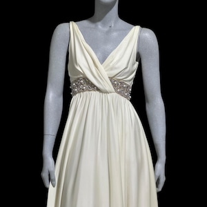 vintage evening dress gown, 1960s formal gown, heavy jersey knit off white rhinestone sequins wedding bridal gown, Grecian Goddess, small