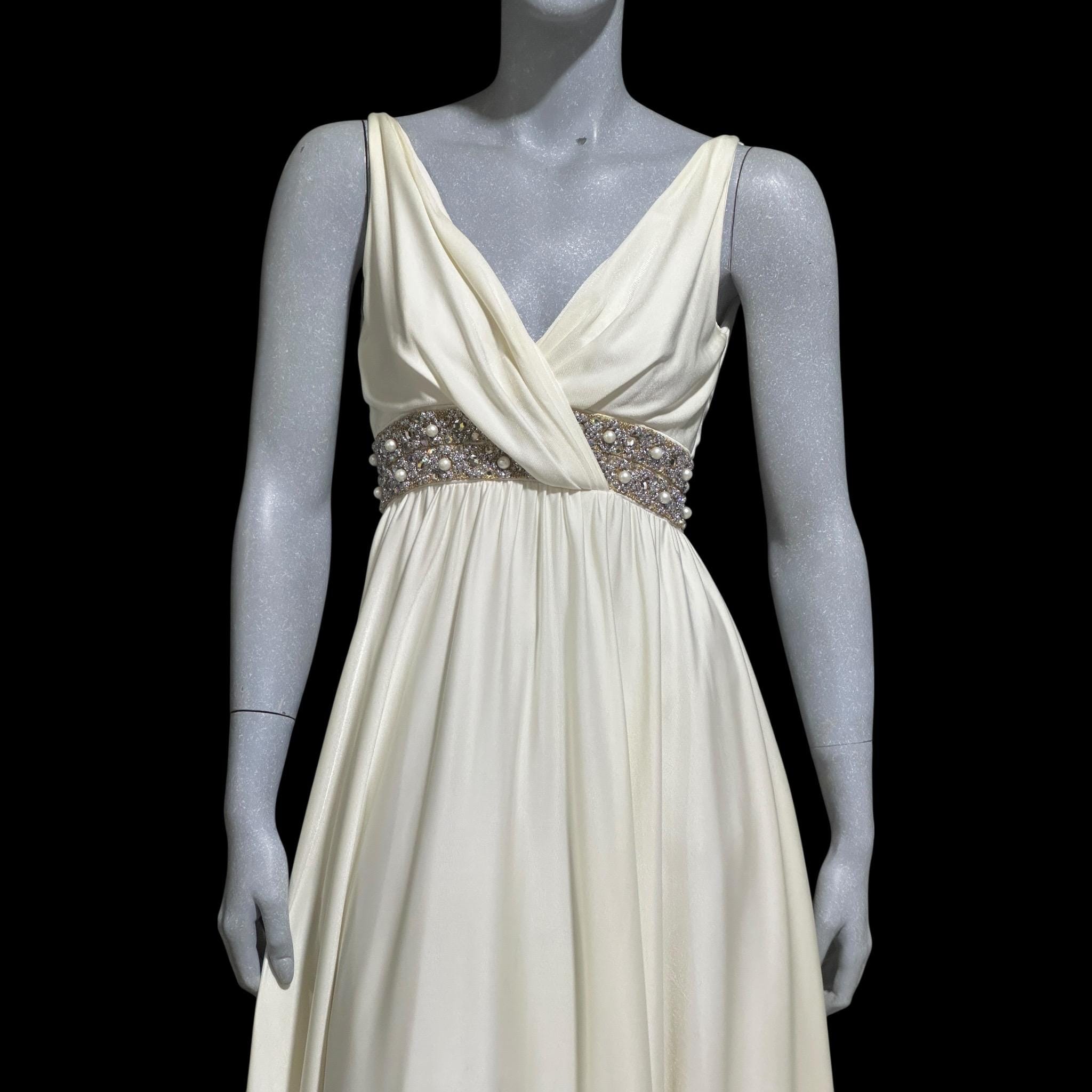 vintage evening dress gown, 1960s formal gown, heavy jersey knit off white rhinestone sequins wedding bridal gown, Grecian Goddess, small