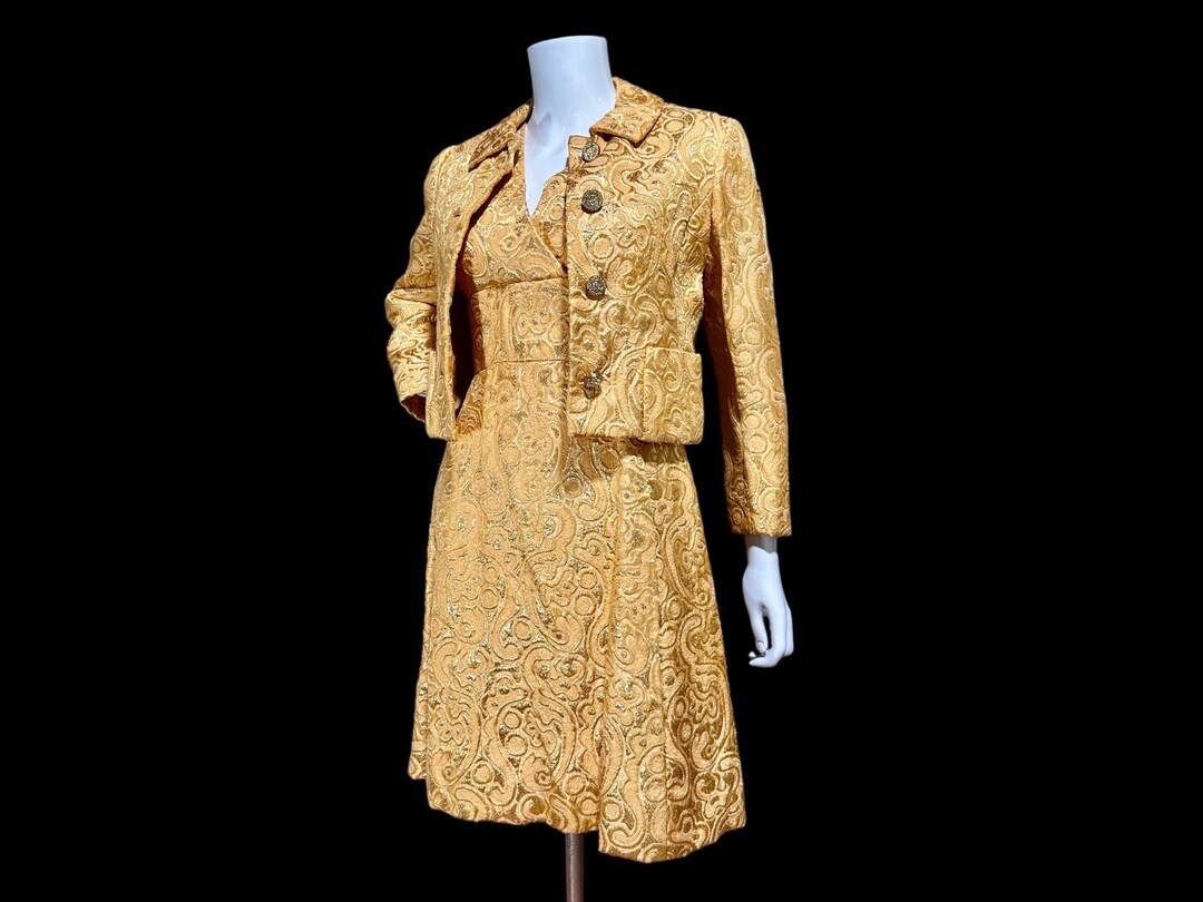 MALCOLM STARR Vintage dress jacket set, 1960s Apricot shiny gold brocade cocktail evening suit ensemble, dress and matching jacket