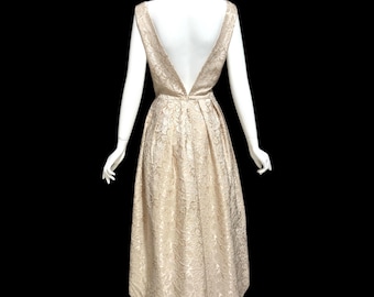 vintage evening dress gown, 1960s blush floral damask formal dress with bow, Mother of wedding dress, back drama backless, 36 bust medium