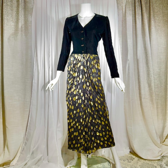 vintage GIVENCHY evening dress gown, 1970s Nouvelle Boutique Black Gold Velvet Silk Metallic