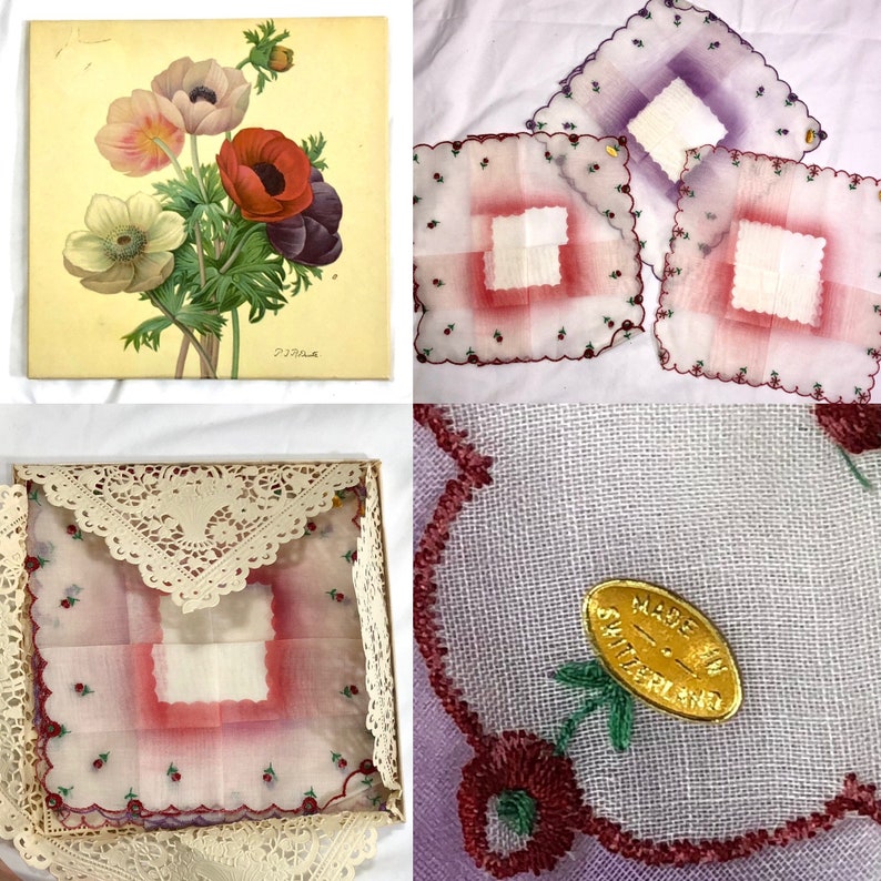 NOS vintage set of 3 handkerchief hankie Switzerland Swiss embroidered roses bridal gift box new unused