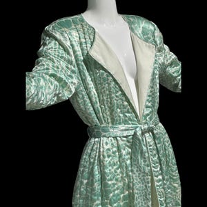 vintage robe house coat, MARY MCFADDEN 1980s celadon green wrap front robe, shiny quilted long robe, medium